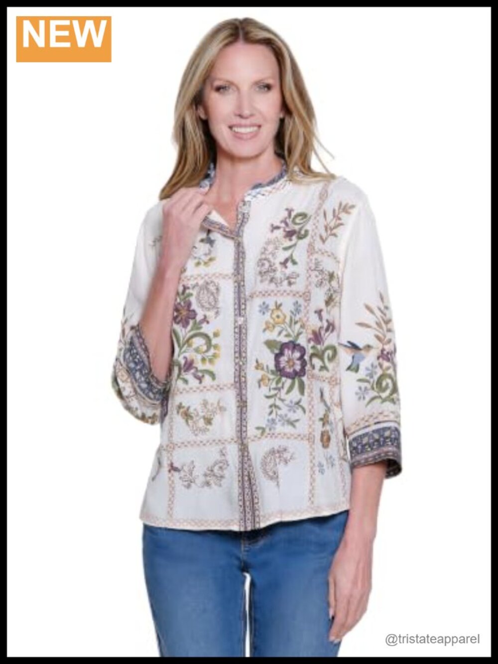 Women's Embroidered 3/4 Sleeve Button Down Blouse with Ruffle Neck